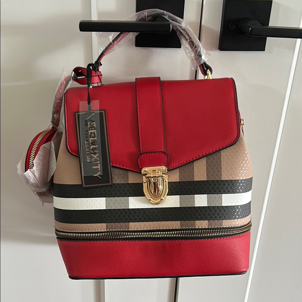 Red and Tan Backpack with Signature Check and Gold Clasp